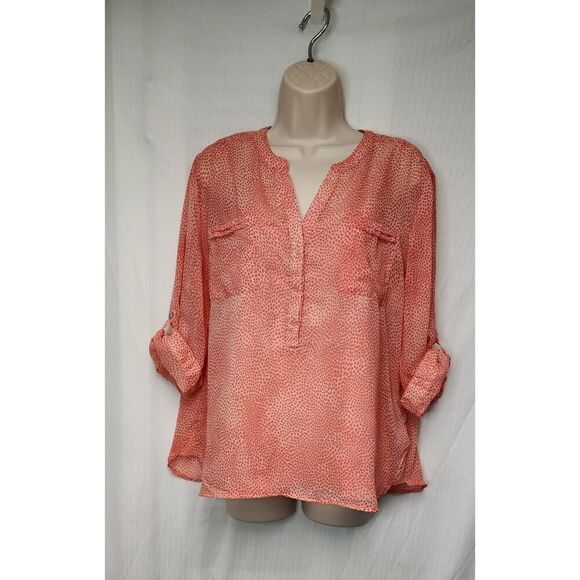APT.9 Women's Noched V-Neck Roll-Tab 3/4 Sleeve Multi-Orange Sheer Blouse XLP - Picture 4 of 12